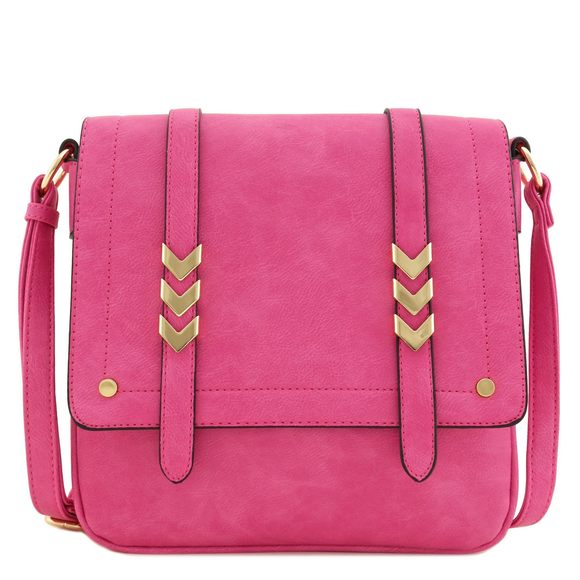 Double Compartment Large Flapover Crossbody Bag Fuchsia :| - Picture 1 of 6